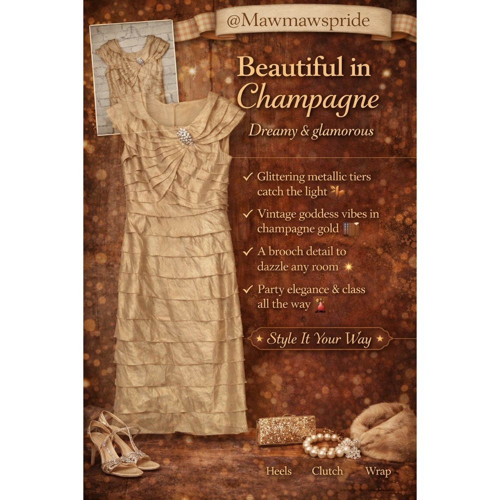 VINTAGE GODDESS Champagne vibes‎ Metallic Tiered Ruffled Sheath Dress Womens 8